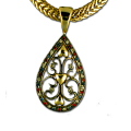 This beautiful two tone teardrop features red white and blue crystals with antique gold hearts and scrolls. A truly unique piece. Approx 1.5"